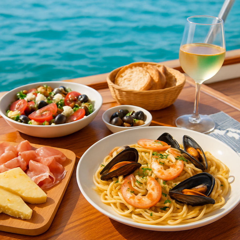 A spread of fresh Dalmatian dishes served aboard the yacht Polaris