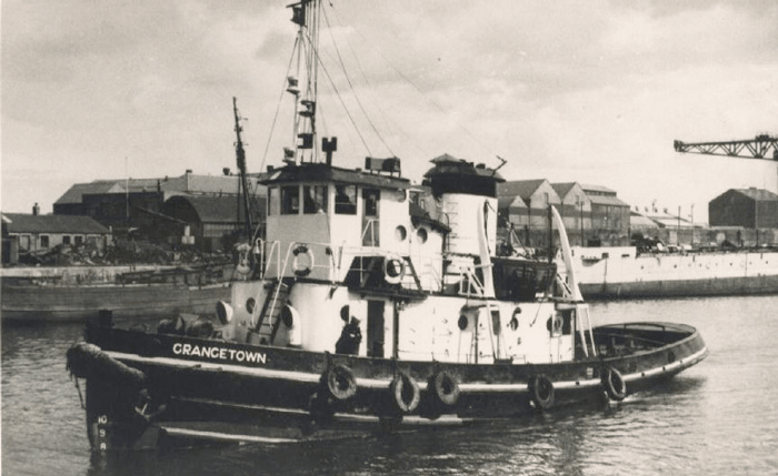 Vintage black-and-white photo of the tugboat Grangetown, the vessel that would become Polaris, in harbour