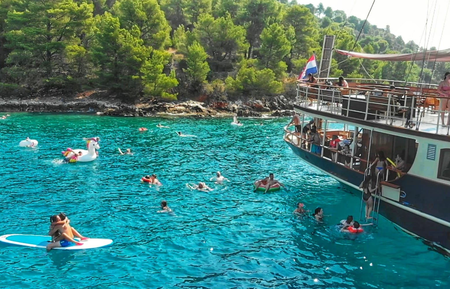Swimmers and paddleboards beside Polaris near a forested shore